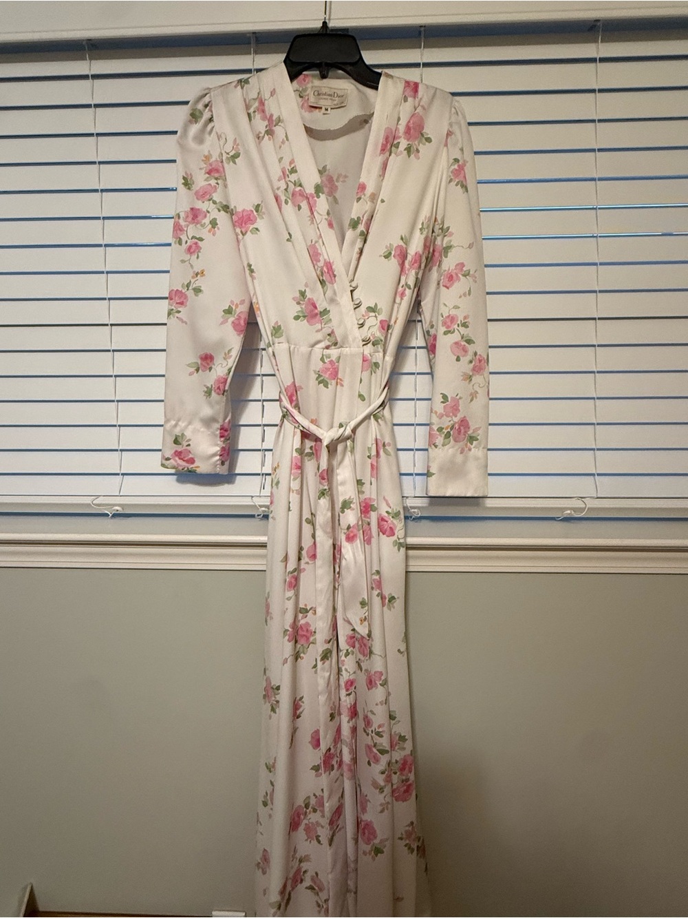 Rare Vintage Dior White Satin Floral Wrap Robe with button up bust and belt